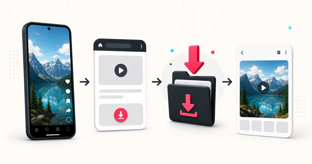 Illustrated Android workflow from a public video link to Chrome Downloads and a gallery