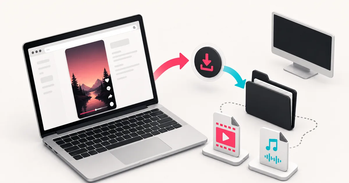 Illustrated laptop workflow for downloading TikTok video or audio to a desktop folder