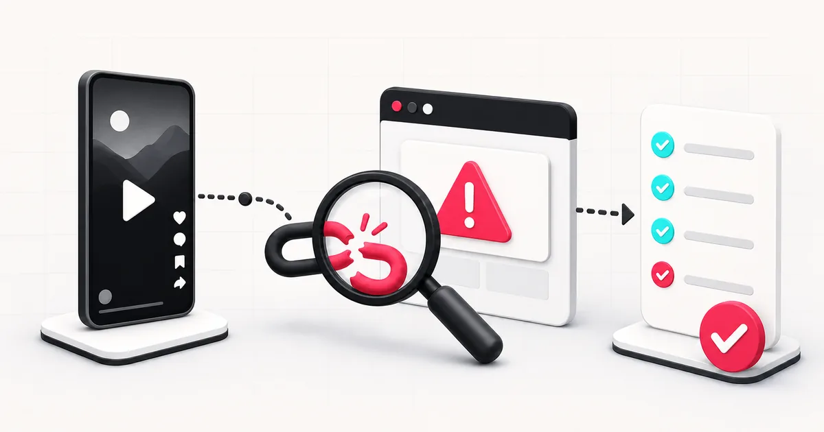 Illustrated troubleshooting flow for a broken TikTok link, browser warning, and completed checklist